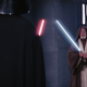 Obi-Wan Kenobi, blue lightsaber drawn, faces off against Darth Vader in the Death Star.